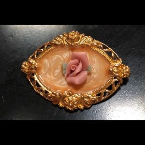 Vintage Porcelain Rose Gold Tone Brooch